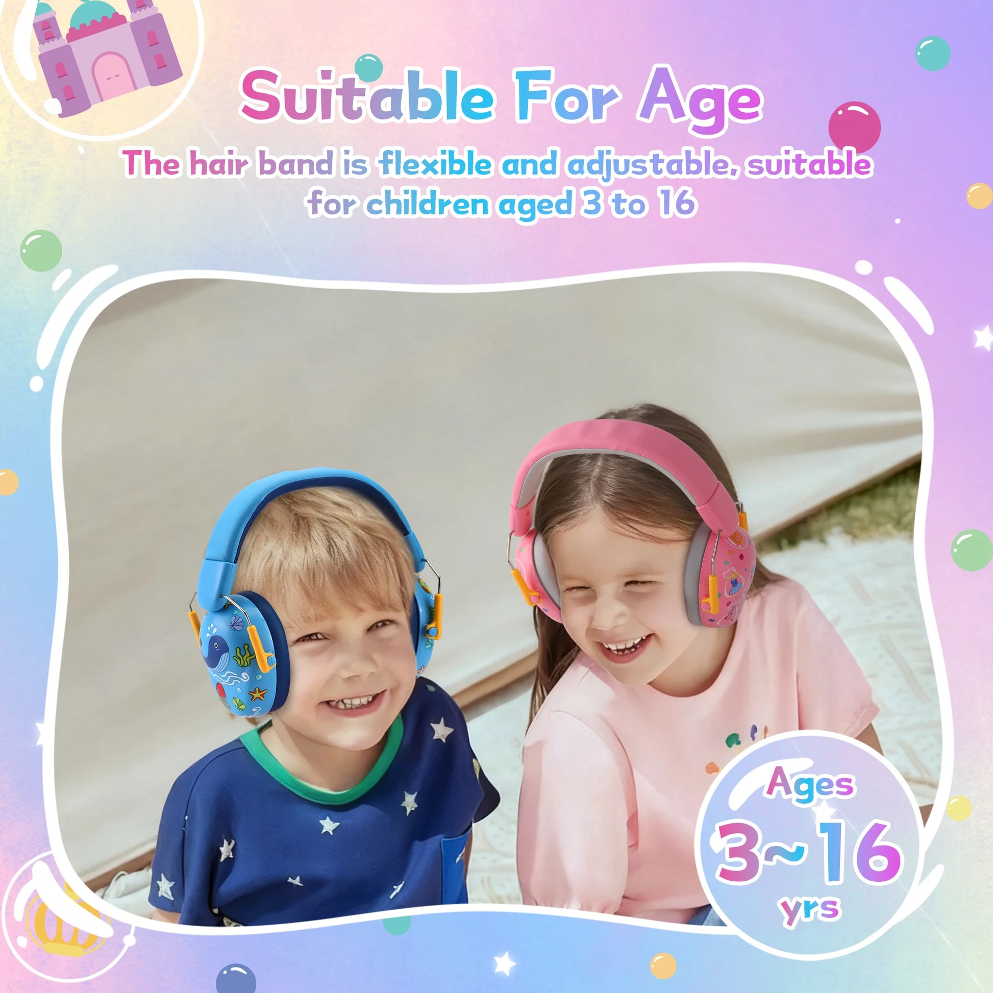 Children wearing adjustable noise-reducing ear defenders suitable for ages 3–16 for sensory and hearing protection.”