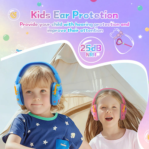 Two children wearing colorful ear protection headphones with a pastel gradient background.