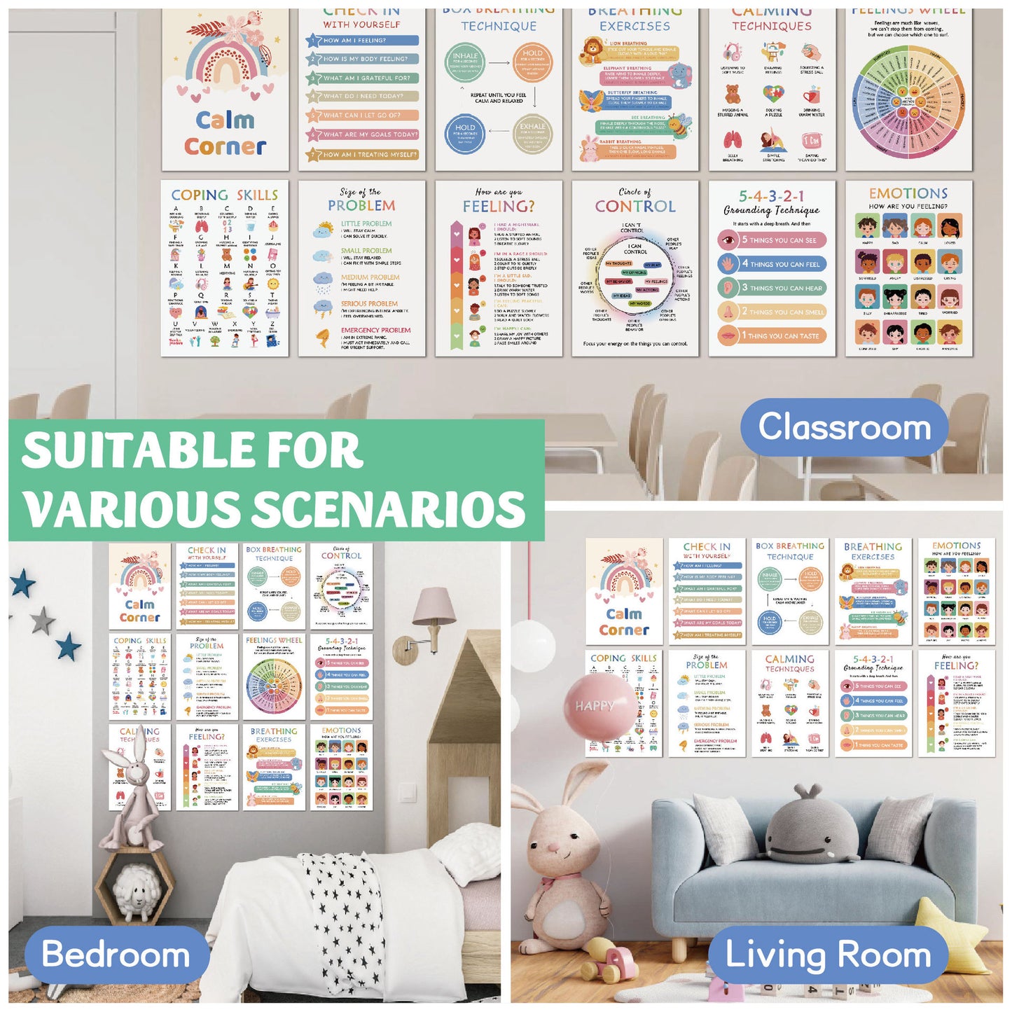 Educational posters on a wall with text indicating suitability for various scenarios including classroom, bedroom, and living room.