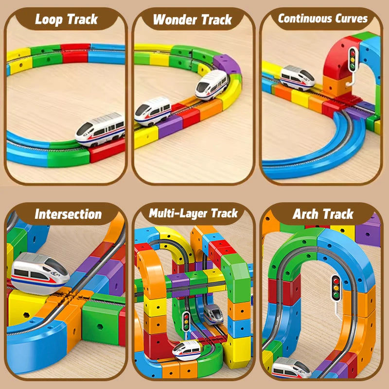 Colorful toy train track set with various track designs on a beige background