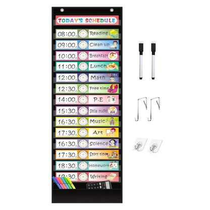Colorful 15-pocket visual schedule chart with reusable cards