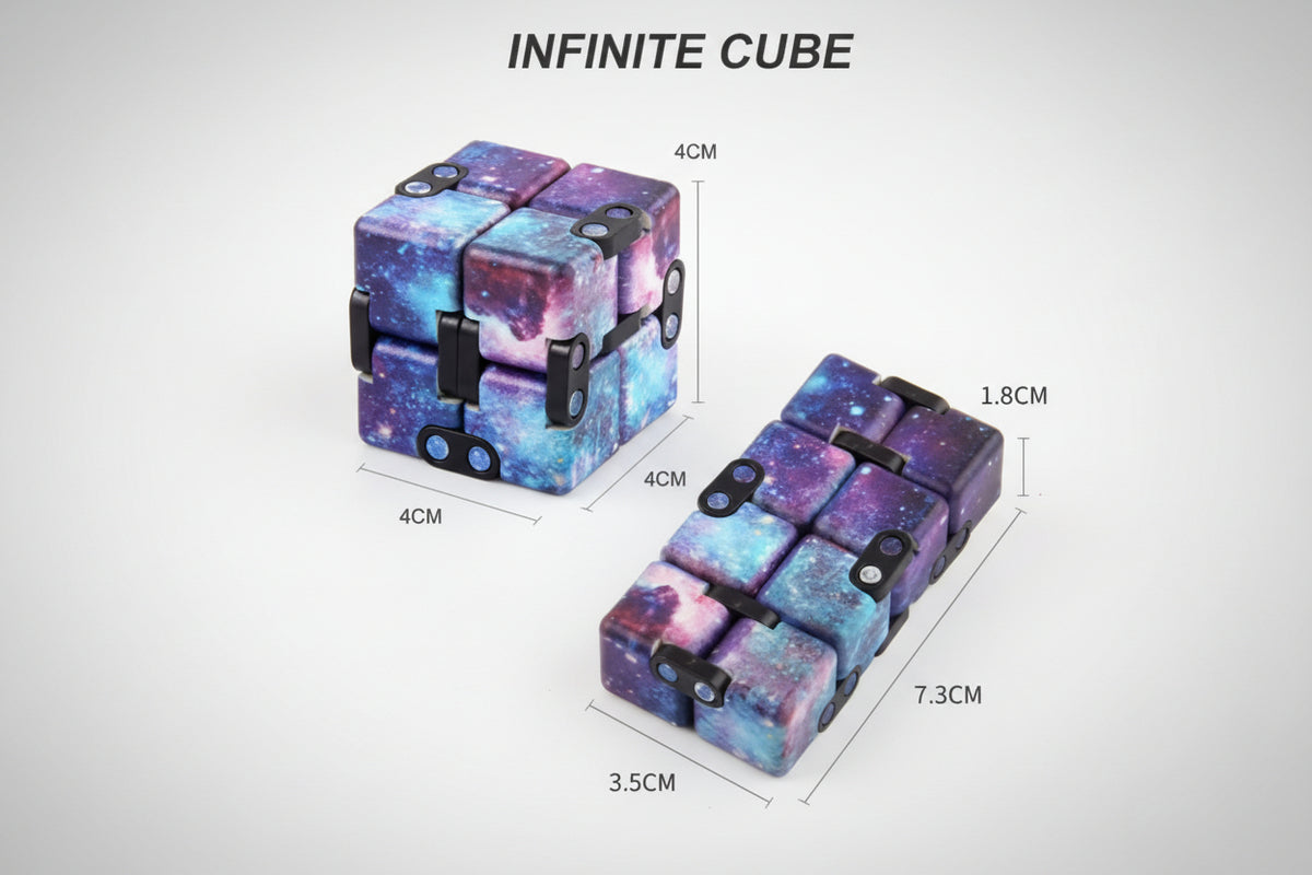 Infinite cube with galaxy pattern and measurements on a white background