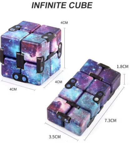 Infinite cube with galaxy pattern and measurements on a white background