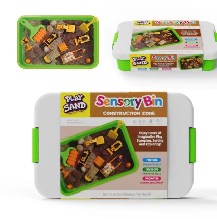 Construction zone sensory play bin with play sand and mini construction vehicles in reusable storage container