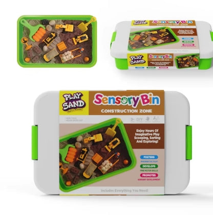 Construction zone sensory play bin with play sand and mini construction vehicles in reusable storage container