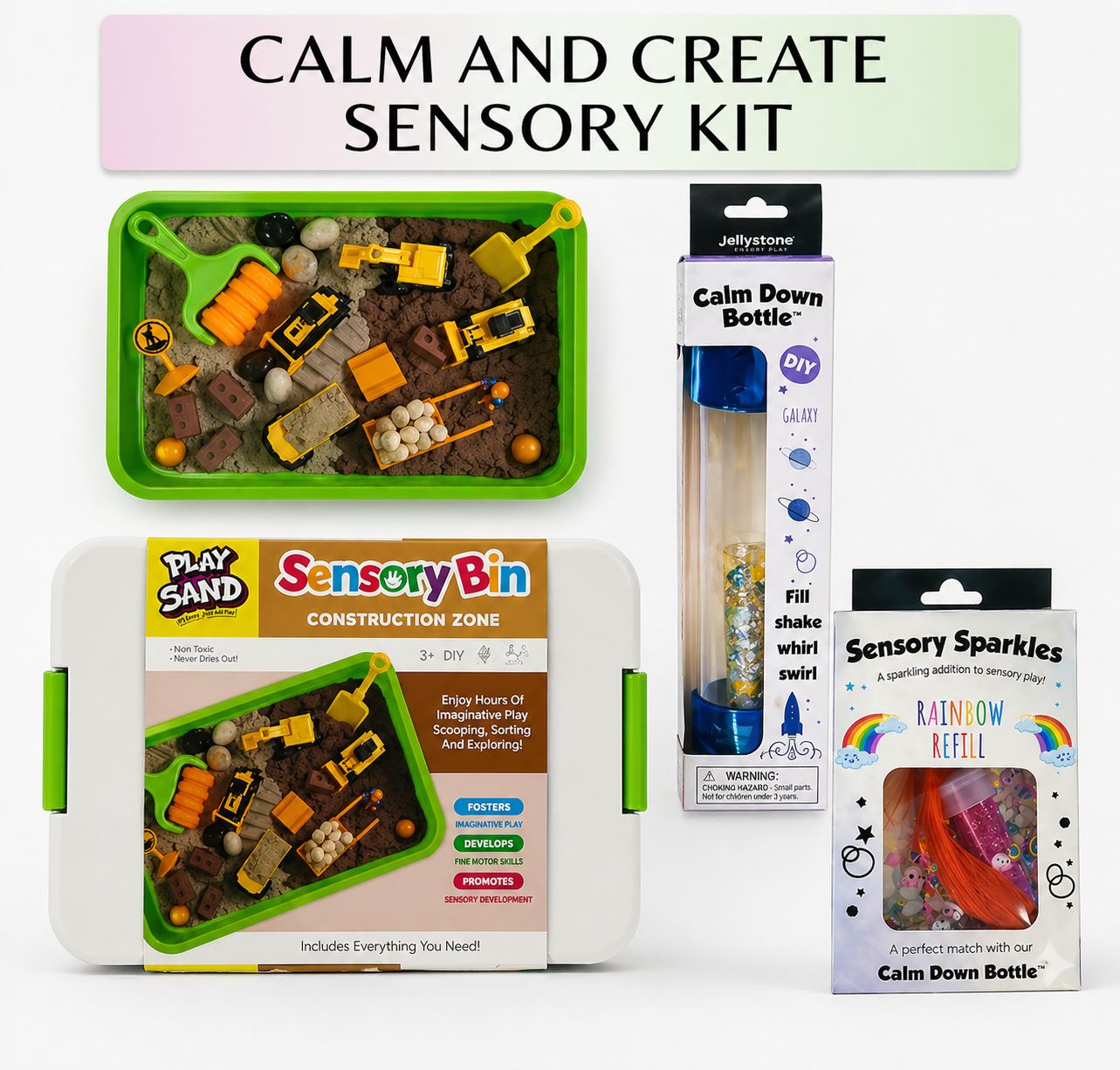 Calm and Create Sensory Kit with construction-themed play set, sand bin, and bottles on a white background.