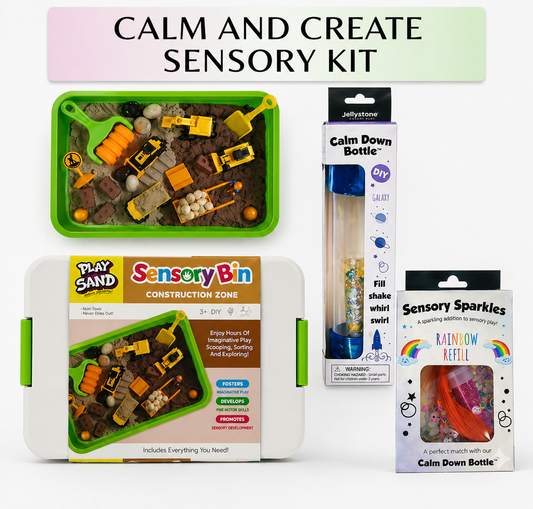 Calm and Create Sensory Kit with construction-themed play set, sand bin, and bottles on a white background.