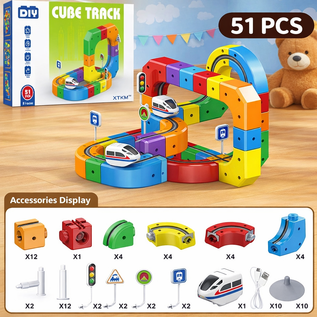 Cube Track DIY 51-piece toy set with colourful interlocking cube train track, looping design, toy train, traffic signs, accessories display, and product box on a clean background.