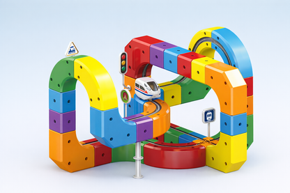 Colourful Cube Track toy with interlocking cube train track, loops, and a small white toy train on a clean studio background.”