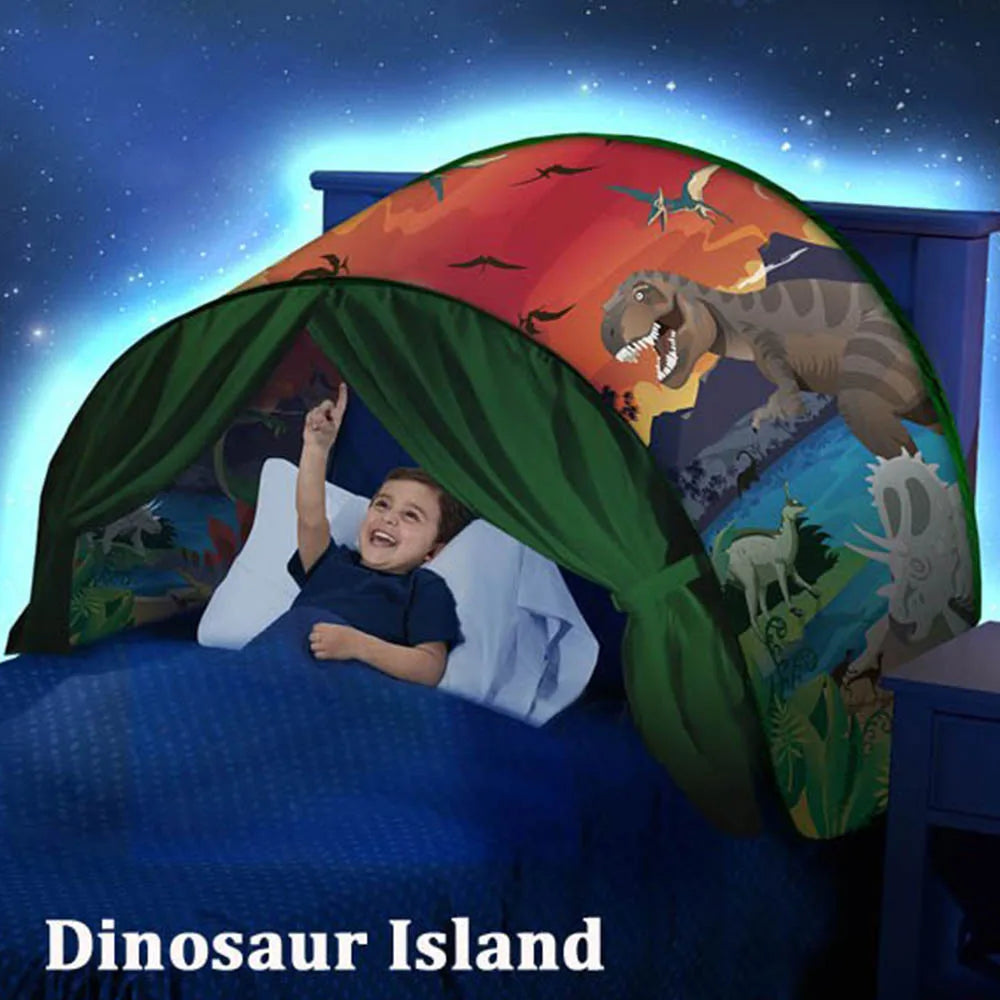 “Dinosaur-themed pop-up bed tent providing a calming, enclosed sensory sleep space for kids.”