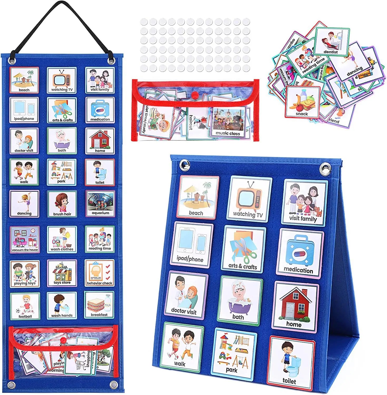 Educational tools including a blue hanging chart with illustrations and a red pocket for cards.