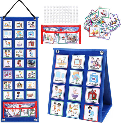 Educational tools including a blue hanging chart with illustrations and a red pocket for cards.