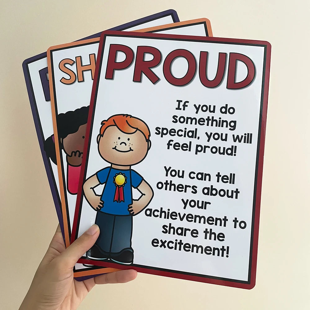 Hand holding a card with a child character and text about feeling proud on a beige background