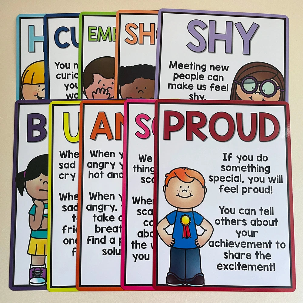 Educational posters with various emotions and messages on a beige background
