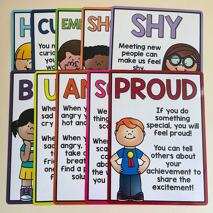 Educational posters with various emotions and messages on a beige background