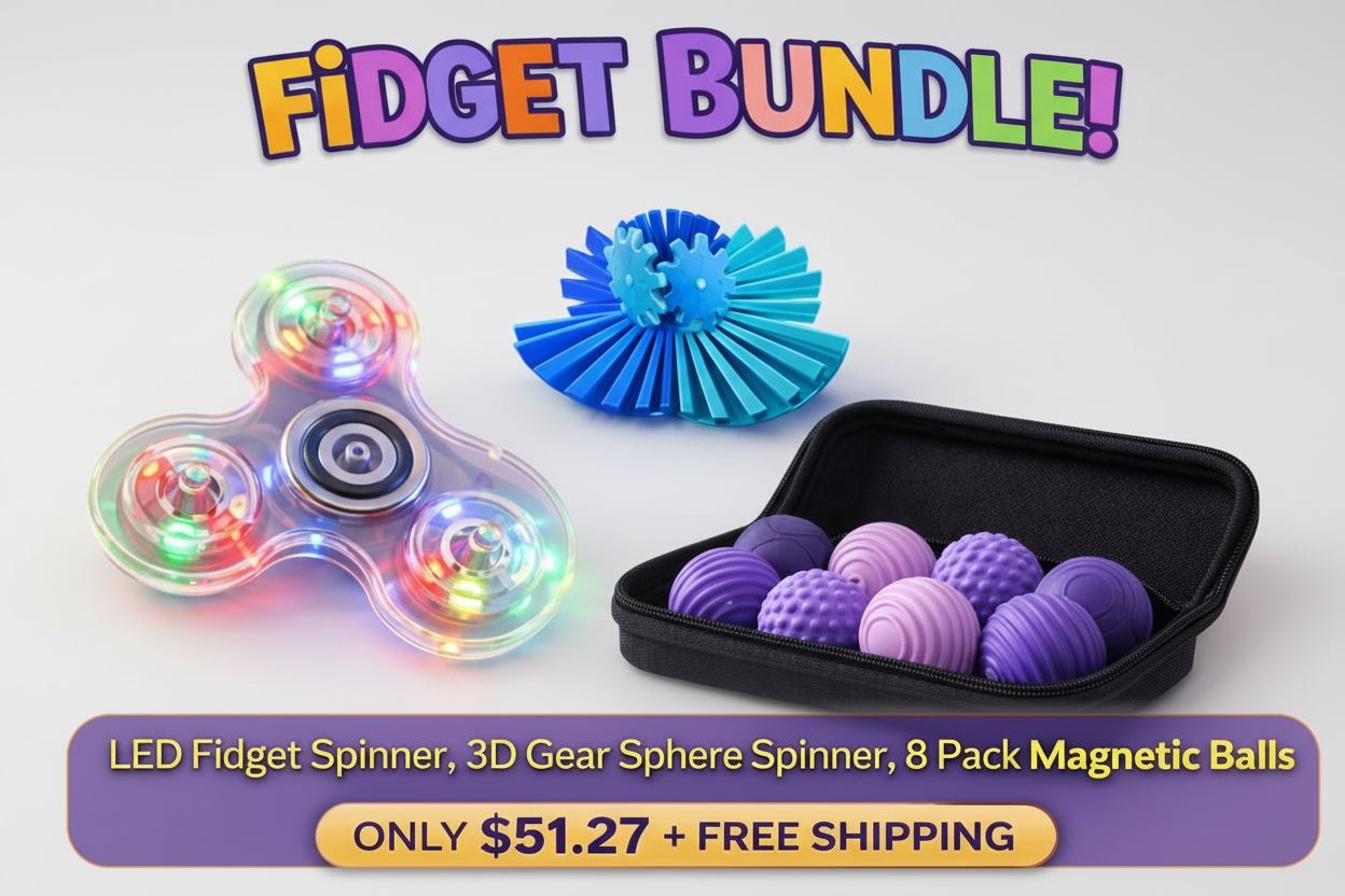 Fidget bundle with LED fidget spinner, 3D gear sphere spinner, and magnetic balls 