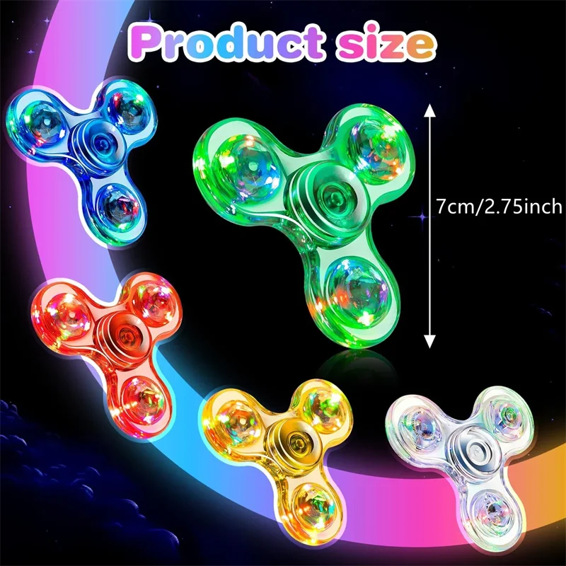 Four colorful fidget spinners with a measurement label indicating their size on a dark background.