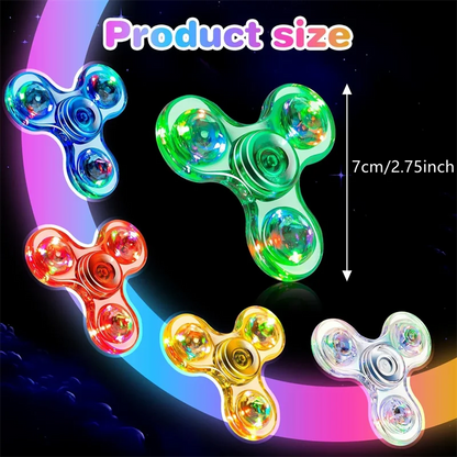 Four colorful fidget spinners with a measurement label indicating their size on a dark background.