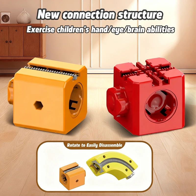 Two interlocking toy blocks, one orange and one red, on a wooden floor with text about their educational benefits.
