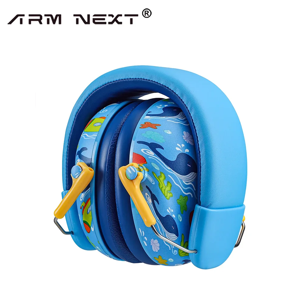 Foldable blue kids ear defenders with soft padding and compact design for easy storage.”