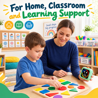 Adult supporting a child with a learning activity beside a mint visual timer