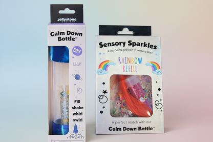 Two products, a 'Calm Down Bottle' and 'Sensory Sparkles Rainbow Refill