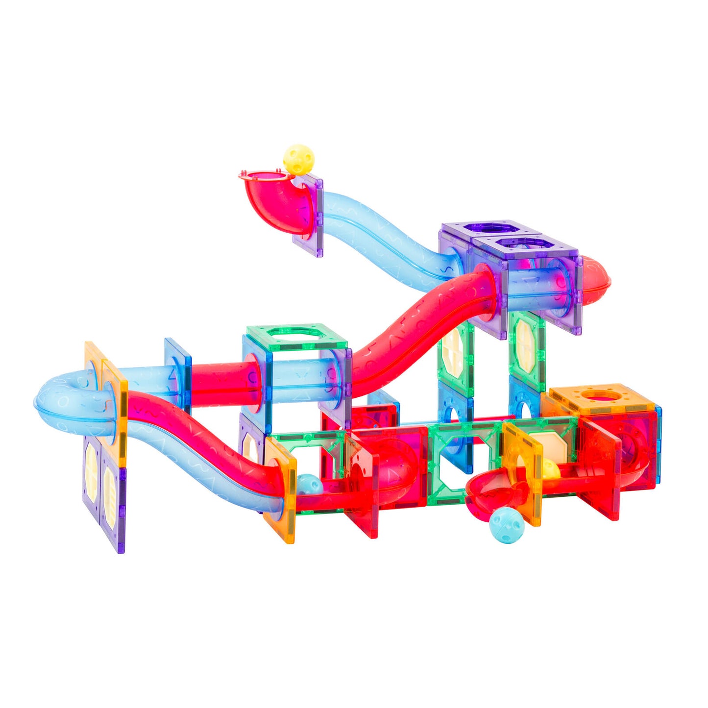 Colorful marble run toy set on a white background
