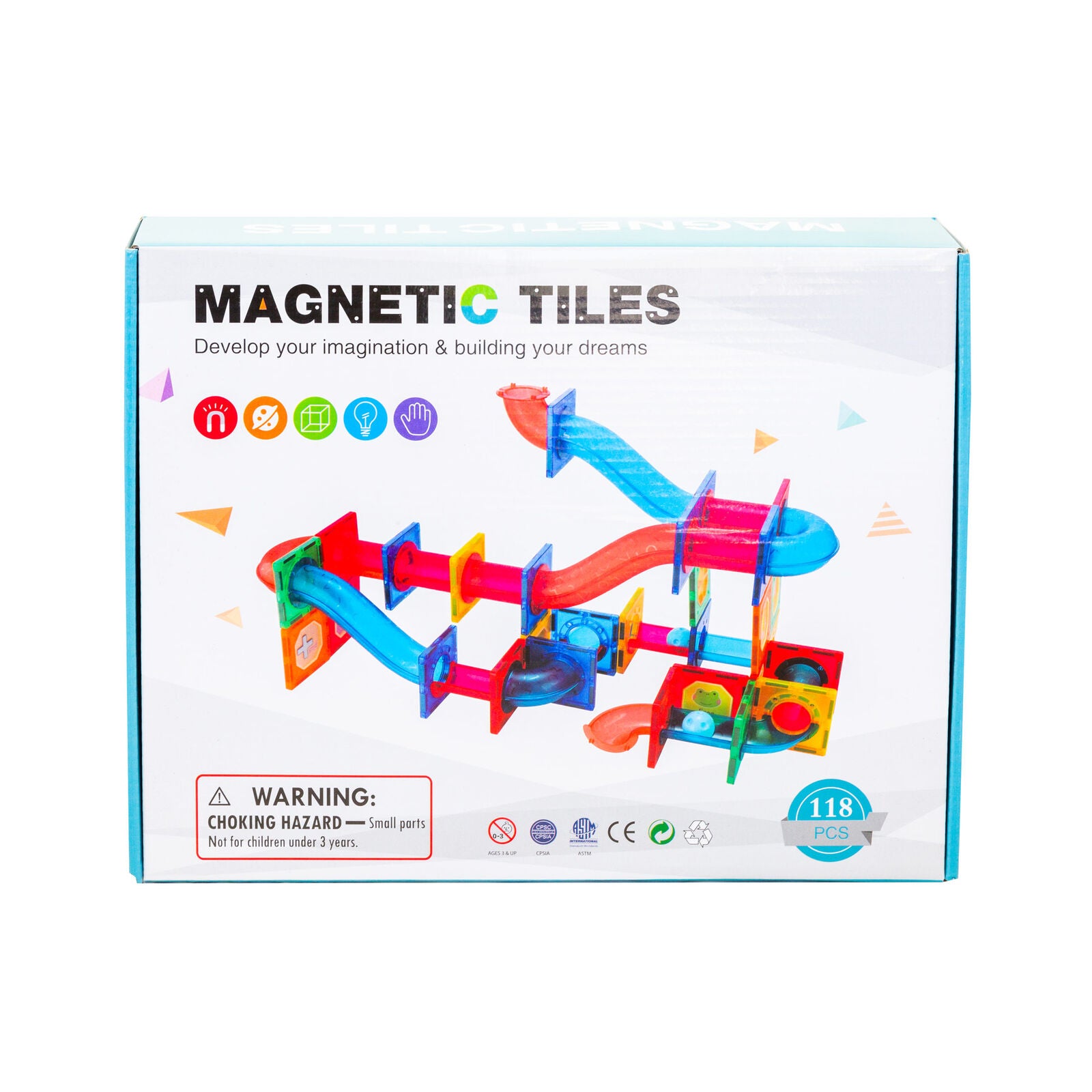 Box of Magnetic Tiles with colorful tile illustrations on a white background