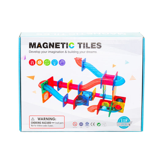 Box of Magnetic Tiles with colorful tile illustrations on a white background