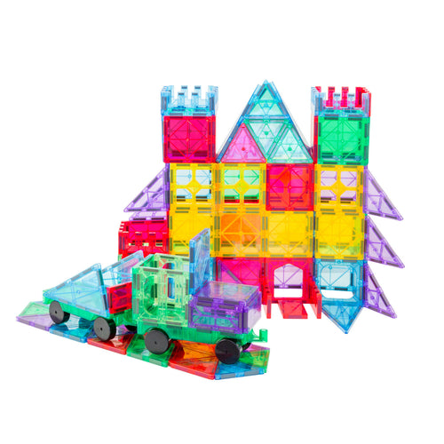 Colorful magnetic building block set on a white background