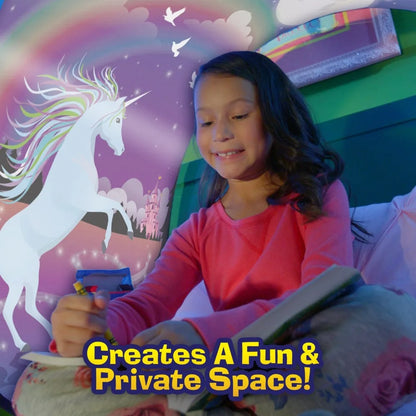 “Girl relaxing and drawing inside a unicorn pop-up bed tent designed for privacy and sensory comfort.”