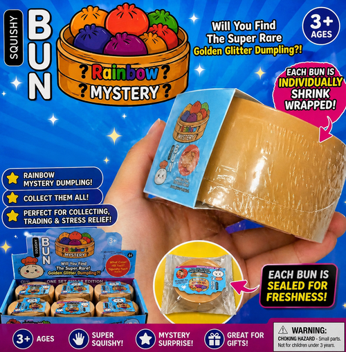 Squishy Bun Rainbow Mystery packaging with a hand holding a shrink-wrapped bun, on a blue background with text and graphics.