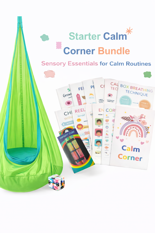 Starter Calm Corner Bundle with green hanging chair, books, and a cube on a white background