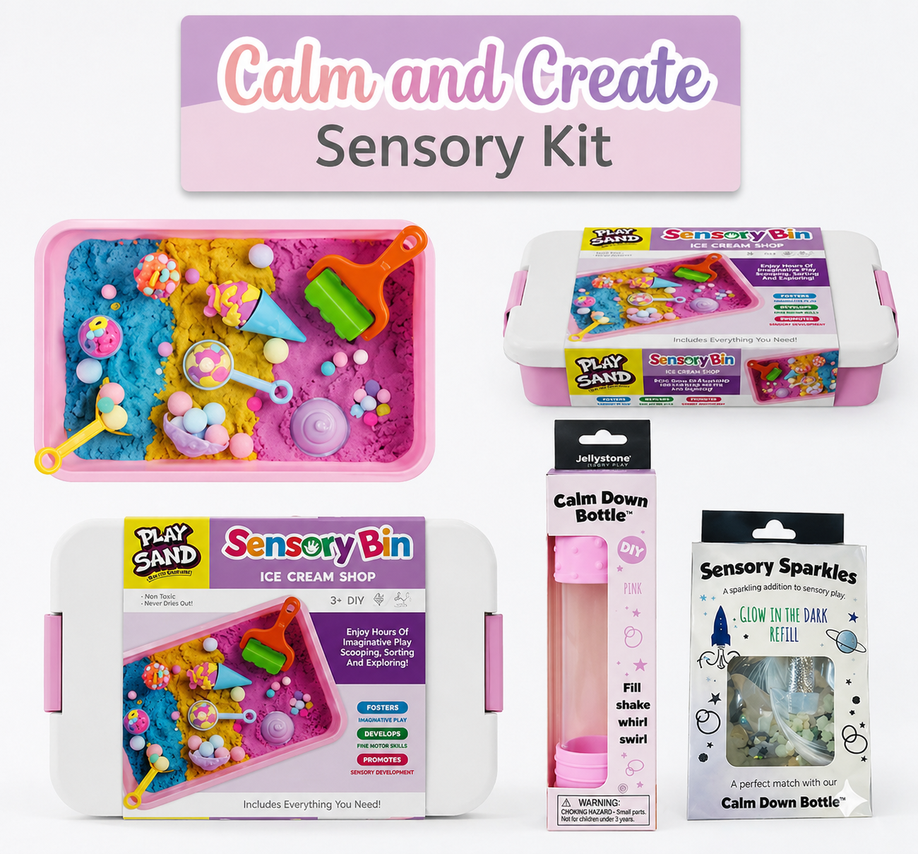 Calm and Create Sensory Kit with various components on a white background