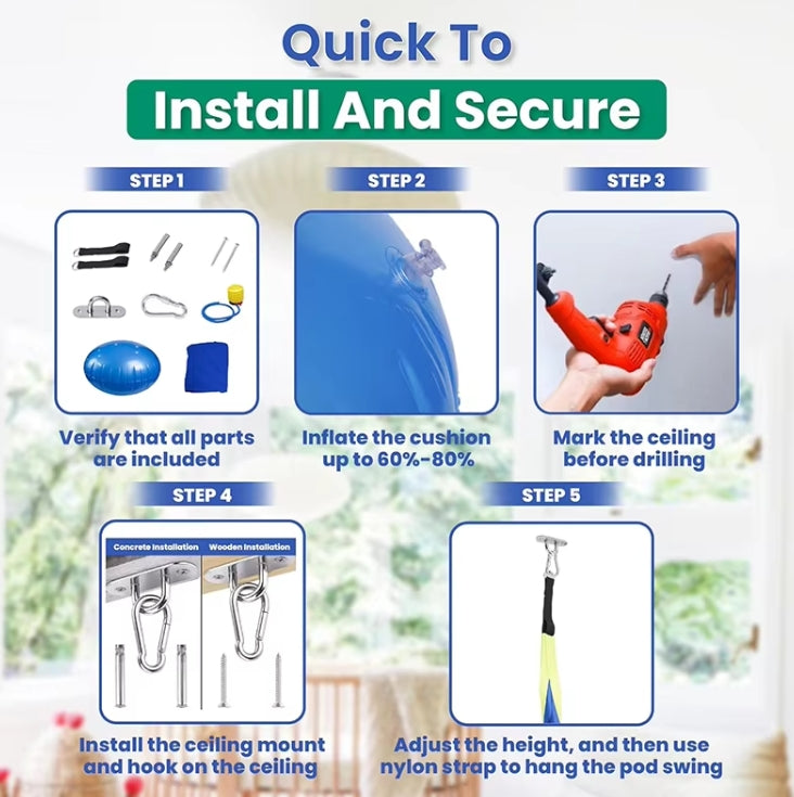 Step-by-step guide for installing a ceiling-mounted pod swing with icons and text.