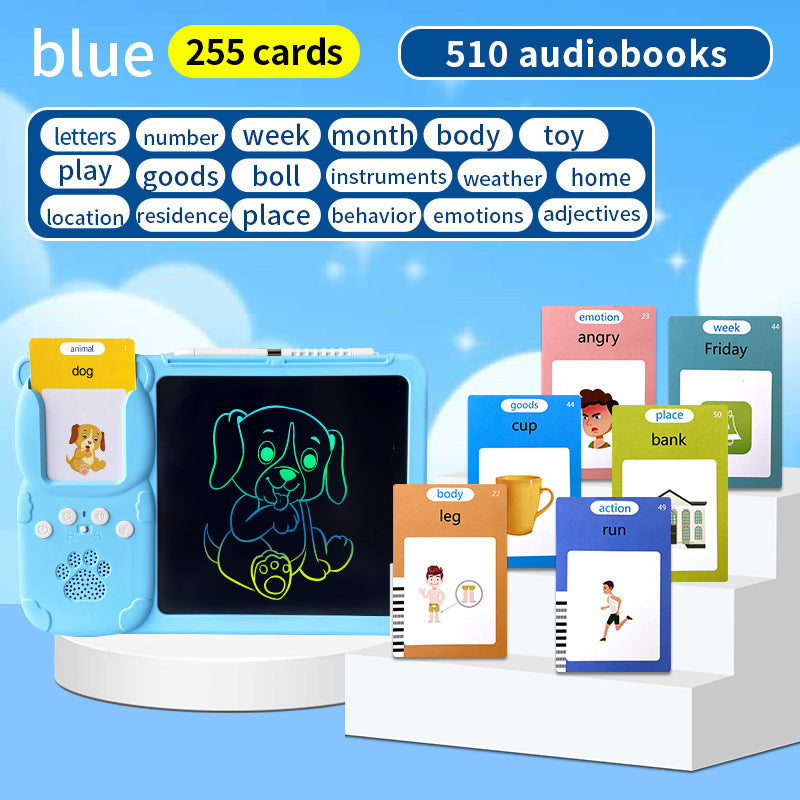 The image shows a promotional setup for a blue kids' interactive early education toy, featuring a LCD writing & drawing tablet and a set of educational playing cards.