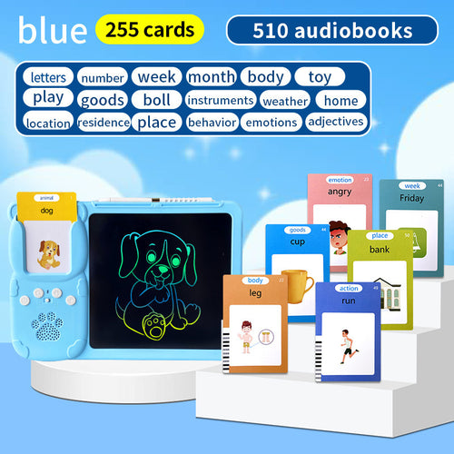 The image shows a promotional setup for a blue kids' interactive early education toy, featuring a LCD writing & drawing tablet and a set of educational playing cards.
