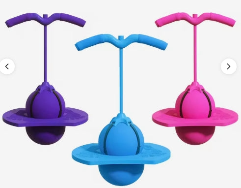 Three Jumping Bouncing Balls with handles in blue, pink and purple.
