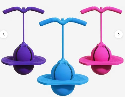 Three Jumping Bouncing Balls with handles in blue, pink and purple.