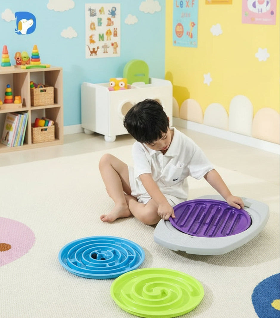 Child using a colourful sensory balance maze board with interchangeable plates to develop coordination, focus, and gross motor skills in a playroom setting; ideal for ADHD, autism, and sensory therapy.