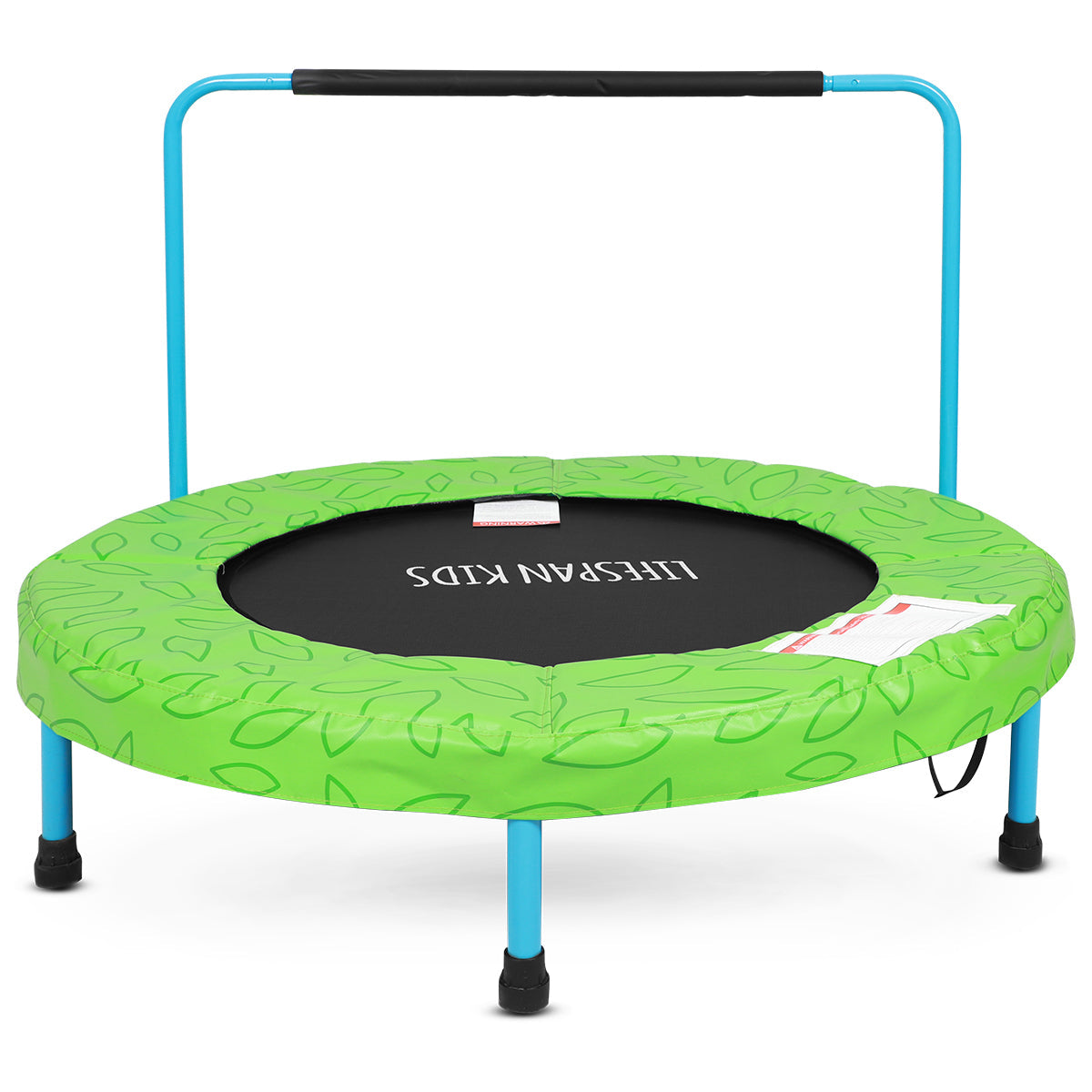 Green children's trampoline with blue handlebars on a white background