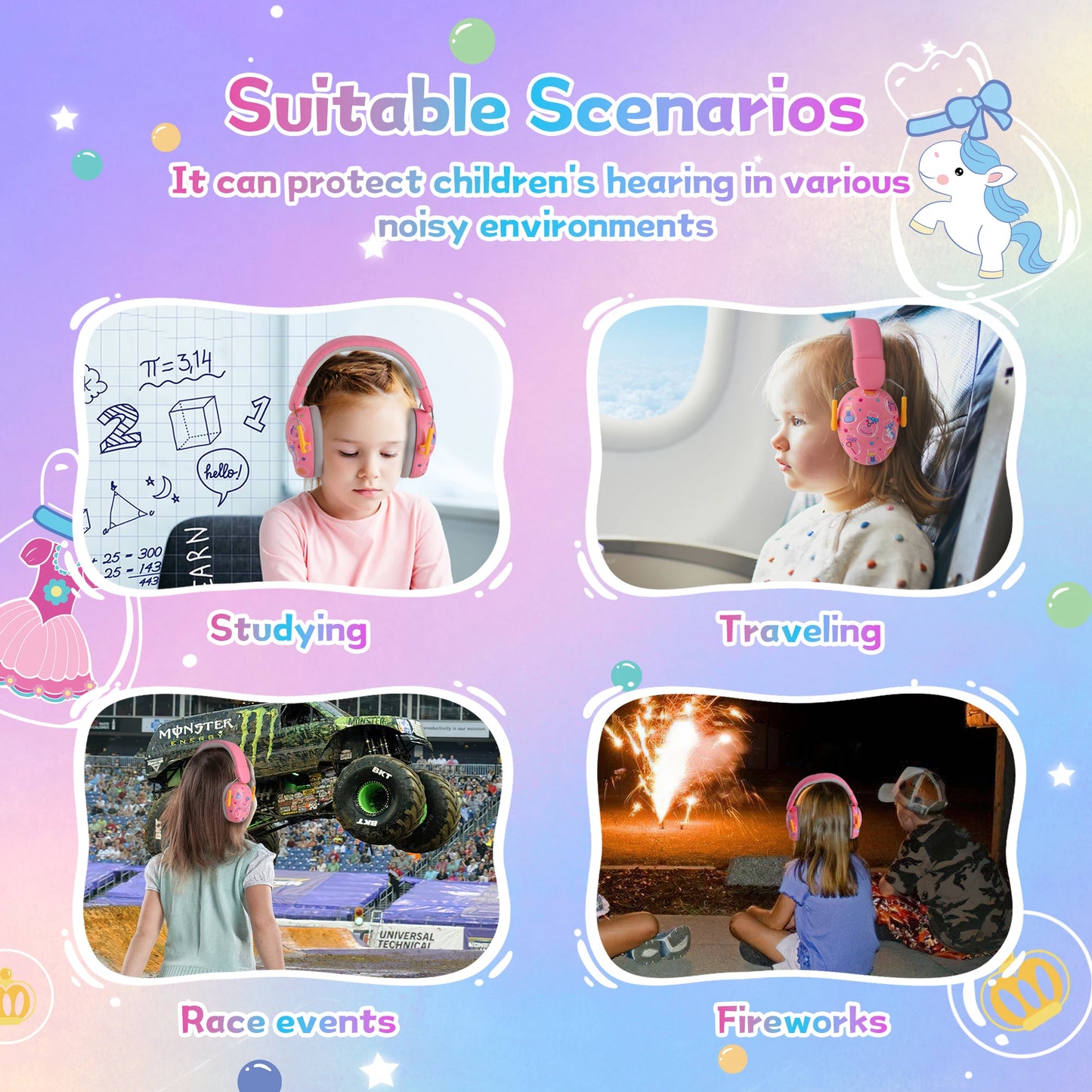 Kids noise-cancelling earmuffs showing soft padding, adjustable headband, and foldable design for sensory protection.