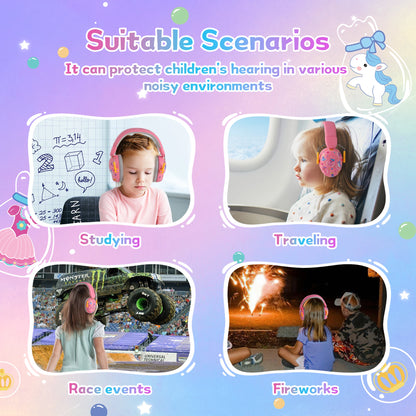 Kids noise-cancelling earmuffs showing soft padding, adjustable headband, and foldable design for sensory protection.