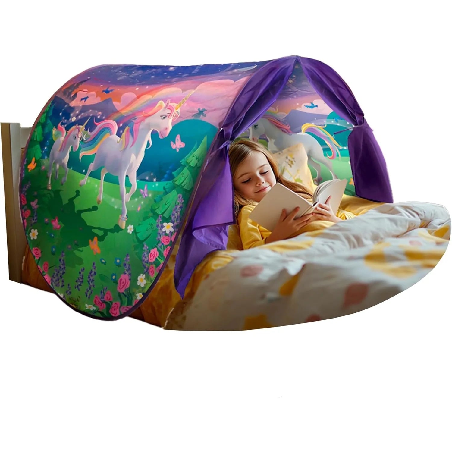 “Colourful pop-up bed tent with galaxy and unicorn design for kids, creating a magical reading and sleep space.”