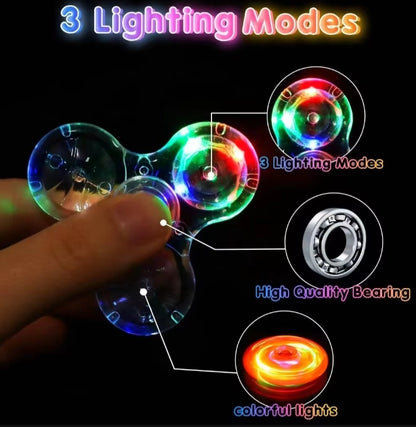 Fidget spinner with colorful lights and labeled features on a black background