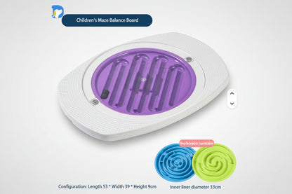 Children's maze balance board with purple center and white sides, featuring a replaceable turntable.