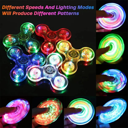 Colorful LED fidget spinners with different speeds and lighting modes on a dark background.