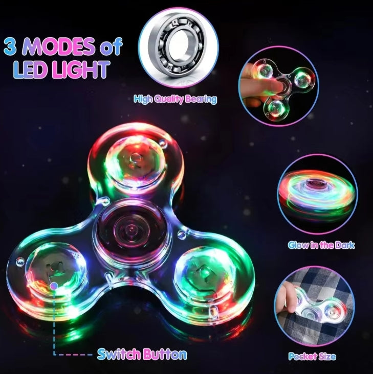 Colorful LED spinner with light modes and features on a dark background