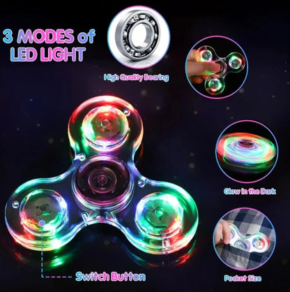 Colorful LED spinner with light modes and features on a dark background