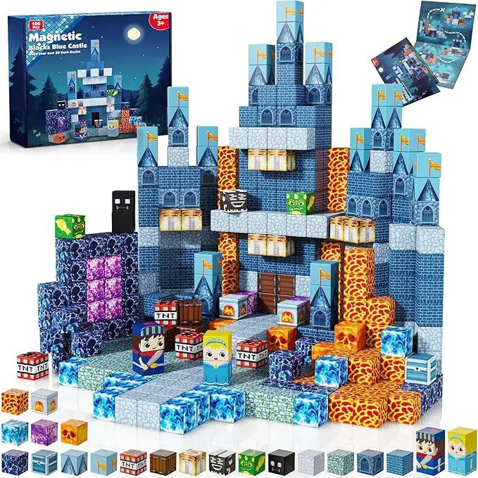 magnetic blue castle building cubes set featuring a fantasy castle, character cubes, lava blocks, water blocks, TNT cubes and glowing stone textures. STEM construction toy for kids promoting sensory play, fine motor skills, creativity and imaginative building